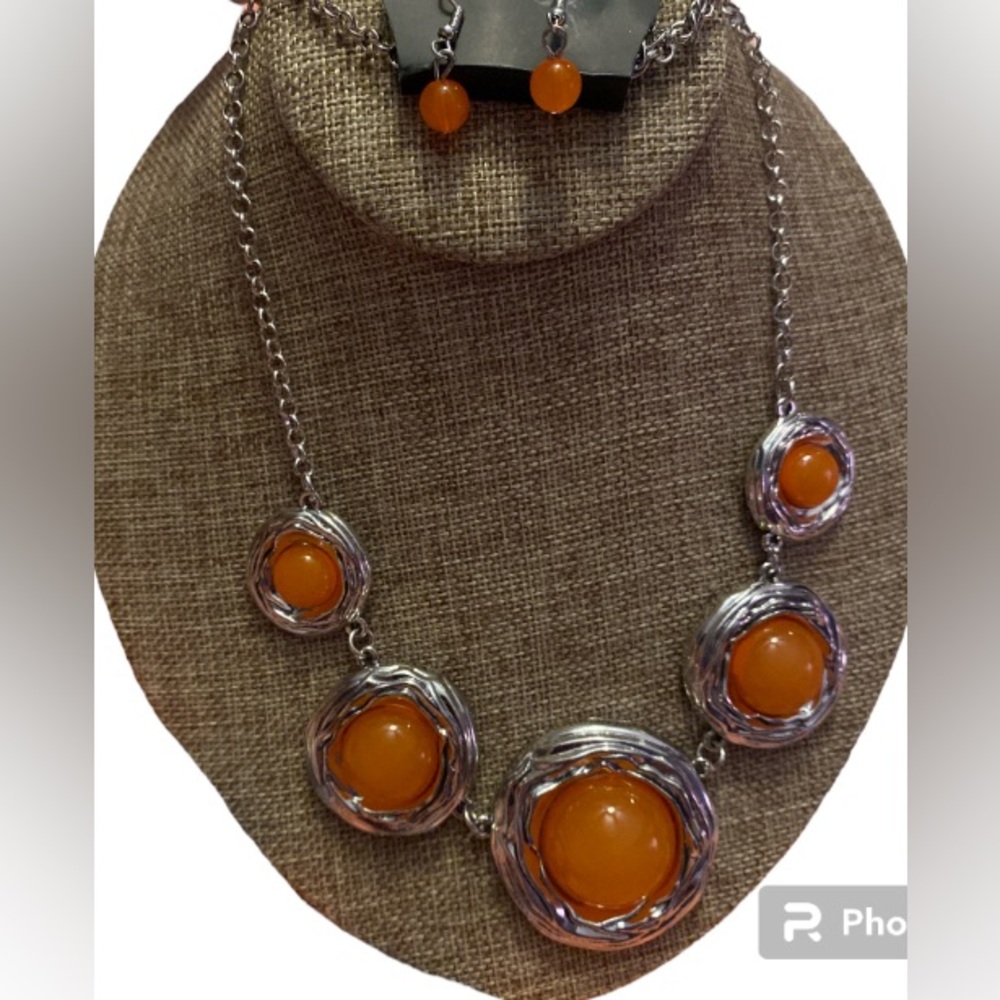 NWT Paparazzi necklace and earrings set, silver tone with orange jewels.